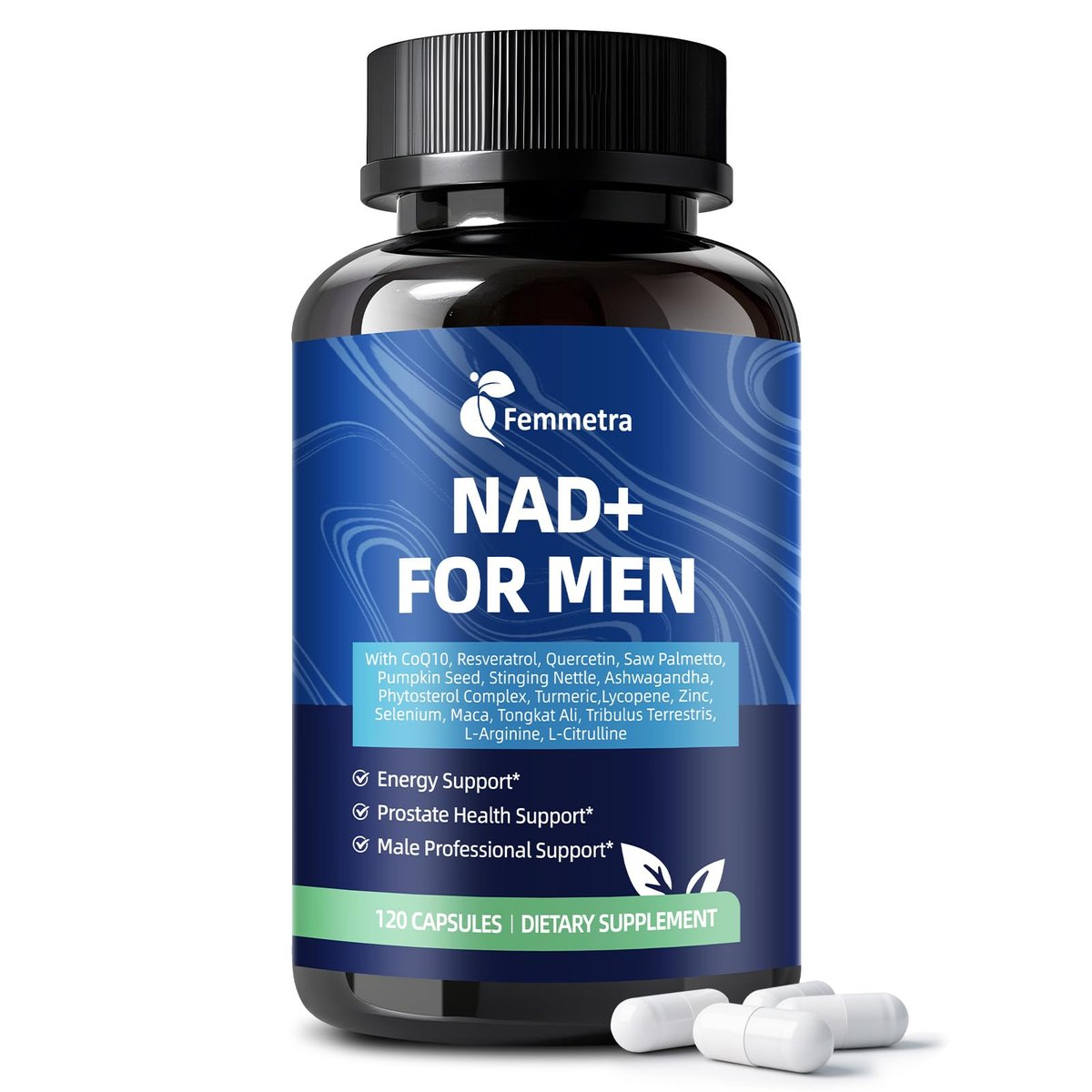 Femmetra NAD+ Nahrungsergänzungsmittel für Männer mit Sägepalme | All-in-One Zellenergie, Prostatagesundheit & Stickstoffmonoxid mit Resveratrol, L-Arginin | Non-GMO, 120 Kapseln