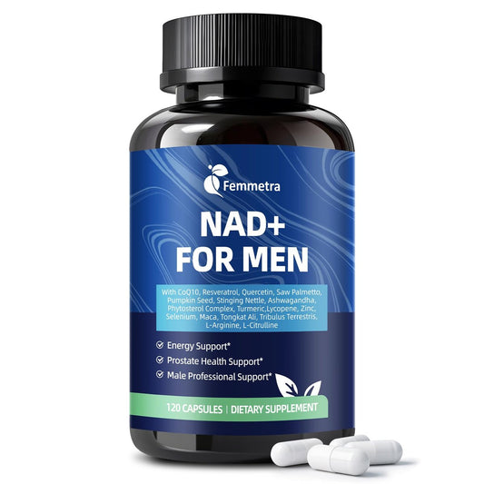 Femmetra NAD+ Nahrungsergänzungsmittel für Männer mit Sägepalme | All-in-One Zellenergie, Prostatagesundheit & Stickstoffmonoxid mit Resveratrol, L-Arginin | Non-GMO, 120 Kapseln