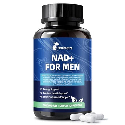 Femmetra NAD+ Nahrungsergänzungsmittel für Männer mit Sägepalme | All-in-One Zellenergie, Prostatagesundheit & Stickstoffmonoxid mit Resveratrol, L-Arginin | Non-GMO, 120 Kapseln