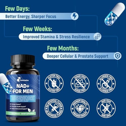 Femmetra NAD+ Nahrungsergänzungsmittel für Männer mit Sägepalme | All-in-One Zellenergie, Prostatagesundheit & Stickstoffmonoxid mit Resveratrol, L-Arginin | Non-GMO, 120 Kapseln