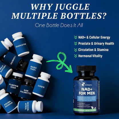 Femmetra NAD+ Nahrungsergänzungsmittel für Männer mit Sägepalme | All-in-One Zellenergie, Prostatagesundheit & Stickstoffmonoxid mit Resveratrol, L-Arginin | Non-GMO, 120 Kapseln