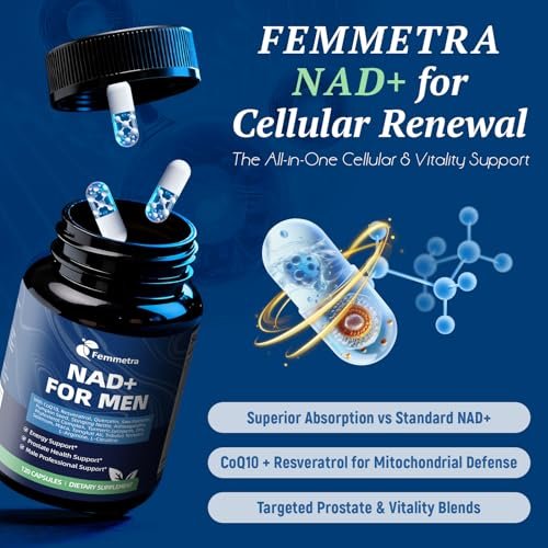 Femmetra NAD+ Nahrungsergänzungsmittel für Männer mit Sägepalme | All-in-One Zellenergie, Prostatagesundheit & Stickstoffmonoxid mit Resveratrol, L-Arginin | Non-GMO, 120 Kapseln