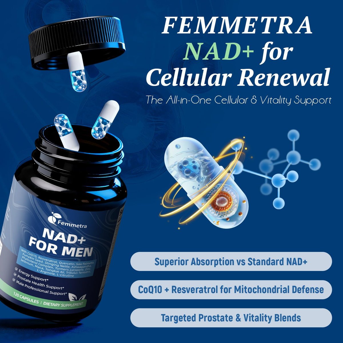 Femmetra NAD+ Nahrungsergänzungsmittel für Männer mit Sägepalme | All-in-One Zellenergie, Prostatagesundheit & Stickstoffmonoxid mit Resveratrol, L-Arginin | Non-GMO, 120 Kapseln