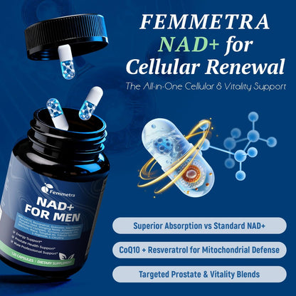 Femmetra NAD+ Nahrungsergänzungsmittel für Männer mit Sägepalme | All-in-One Zellenergie, Prostatagesundheit & Stickstoffmonoxid mit Resveratrol, L-Arginin | Non-GMO, 120 Kapseln