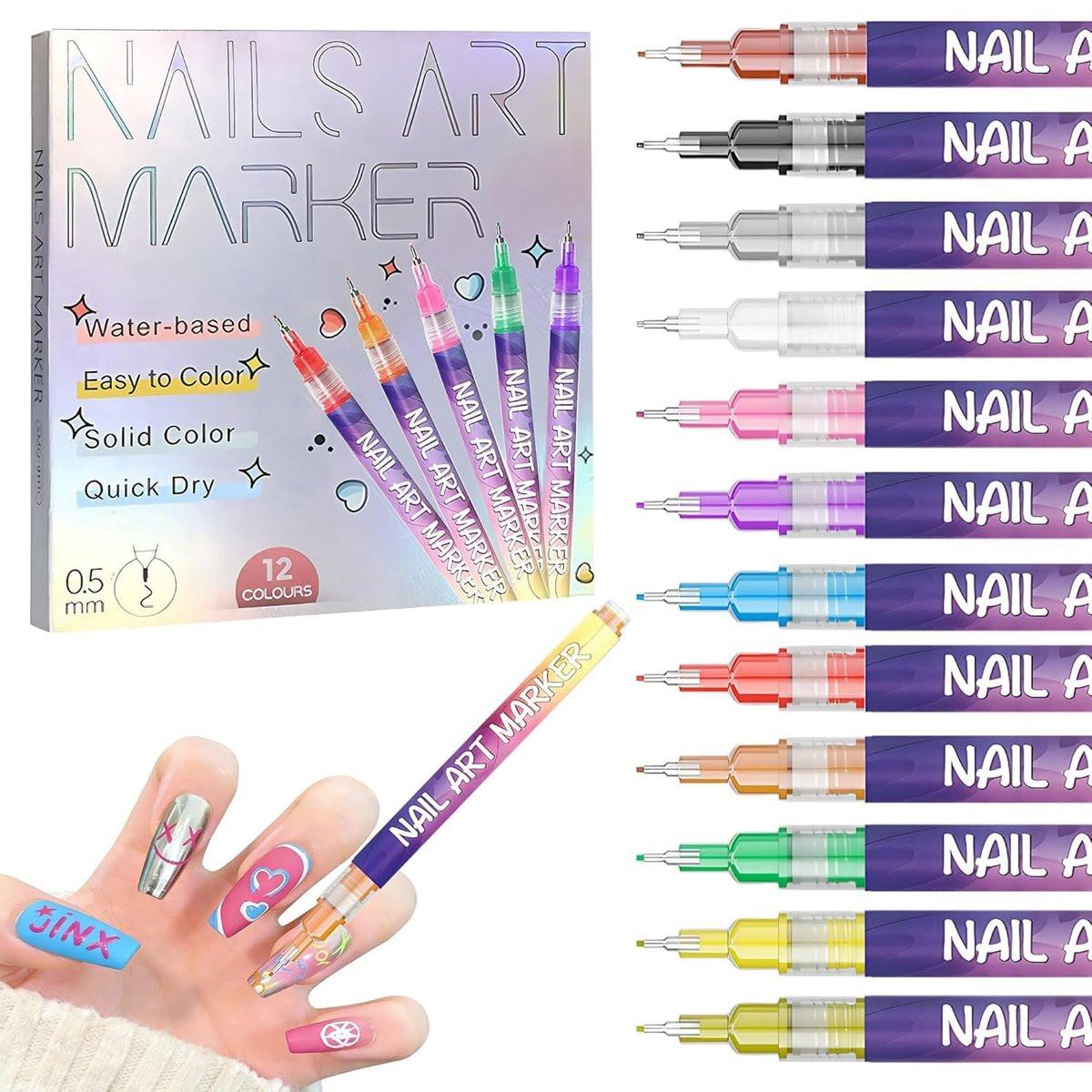 YUEUR 12 Farben Nagelkunststifte Set – Feine Spitze Nagellackstifte, Schnelltrocknend, DIY Nagelkunst-Set für Zuhause & Salon, Professionelle Nagelwerkzeuge, Maniküre-Set Geschenk für Anfänger & Erwachsene
