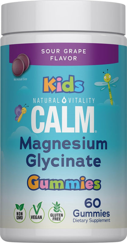 Natural Vitality Kids Calm | Magnesium-Glycinat Gummis | Sauerer Traubengeschmack | Nicht-GVO, Vegan & Glutenfrei | 60 Stück