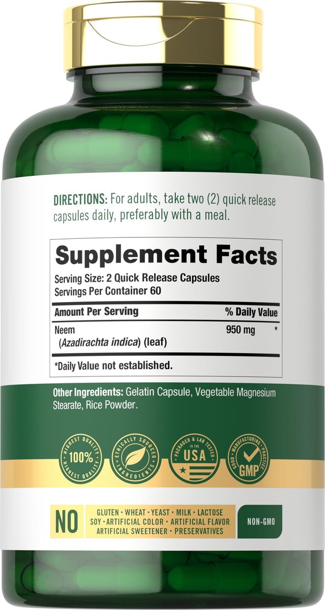 Carlyle Neemblatt | 950 mg | 120 Kapseln | Nicht-GVO & glutenfrei | Traditionelles Kräuterergänzungsmittel | Azadirachta Indica