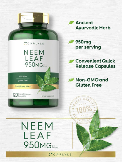 Carlyle Neemblatt | 950 mg | 120 Kapseln | Nicht-GVO & glutenfrei | Traditionelles Kräuterergänzungsmittel | Azadirachta Indica