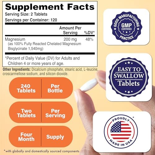 Magnesiumglycinat – Unterstützt Muskeln, Nerven, Entspannung & Schlaf | 200 mg elementares Magnesium, vollständig cheliert, magenschonend | Non-GMO 240 Tabletten | von Health Thru Nutrition