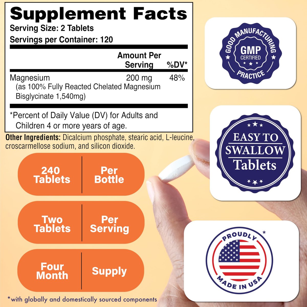 Magnesiumglycinat – Unterstützt Muskeln, Nerven, Entspannung & Schlaf | 200 mg elementares Magnesium, vollständig cheliert, magenschonend | Non-GMO 240 Tabletten | von Health Thru Nutrition
