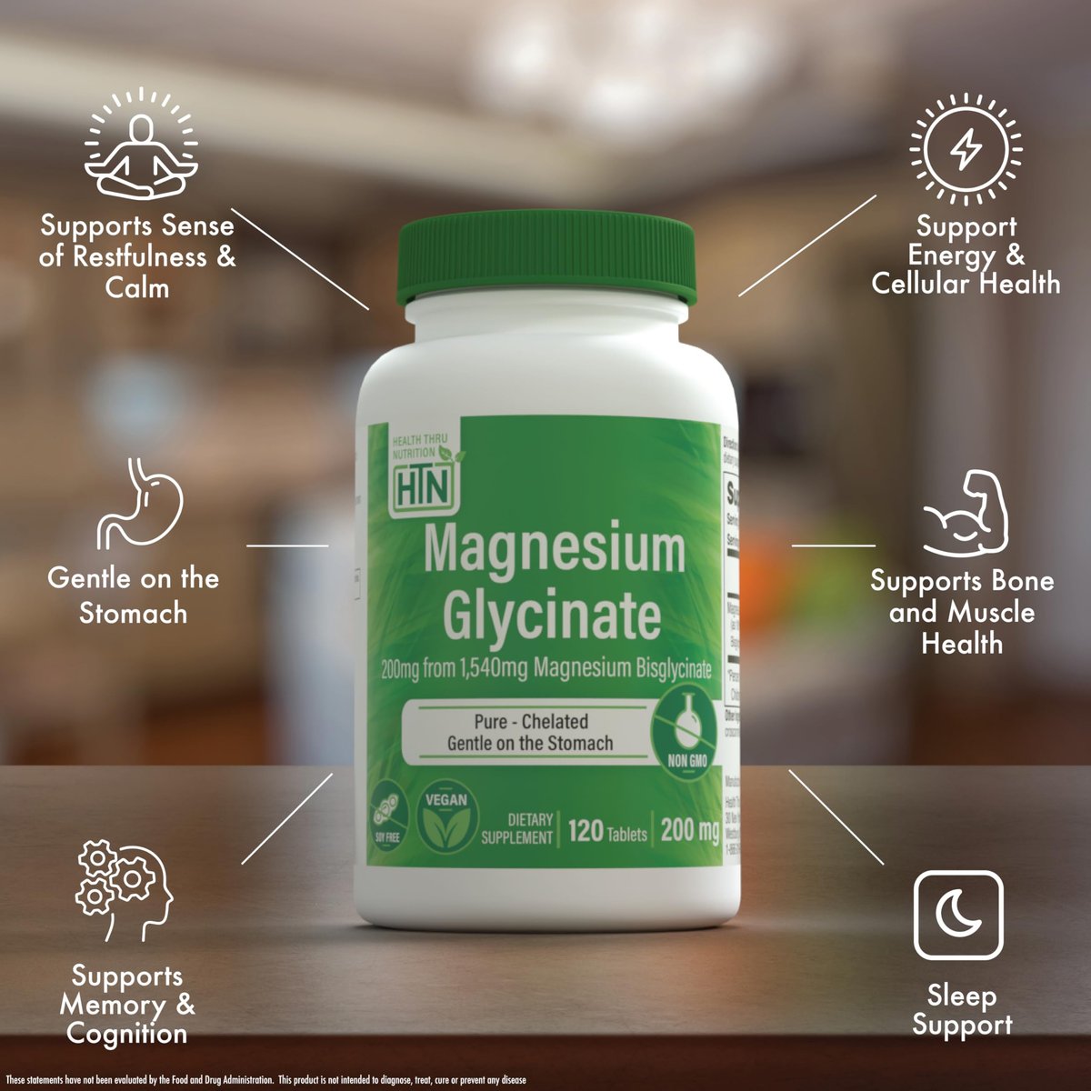 Magnesiumglycinat – Unterstützt Muskeln, Nerven, Entspannung & Schlaf | 200 mg elementares Magnesium, vollständig cheliert, magenschonend | Non-GMO 240 Tabletten | von Health Thru Nutrition