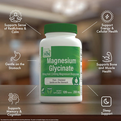 Magnesiumglycinat – Unterstützt Muskeln, Nerven, Entspannung & Schlaf | 200 mg elementares Magnesium, vollständig cheliert, magenschonend | Non-GMO 240 Tabletten | von Health Thru Nutrition