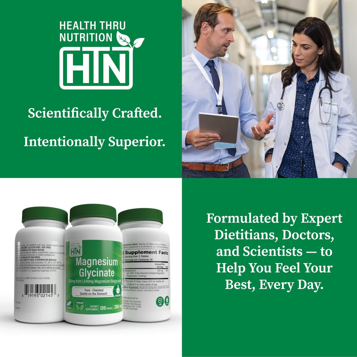 Magnesiumglycinat – Unterstützt Muskeln, Nerven, Entspannung & Schlaf | 200 mg elementares Magnesium, vollständig cheliert, magenschonend | Non-GMO 240 Tabletten | von Health Thru Nutrition