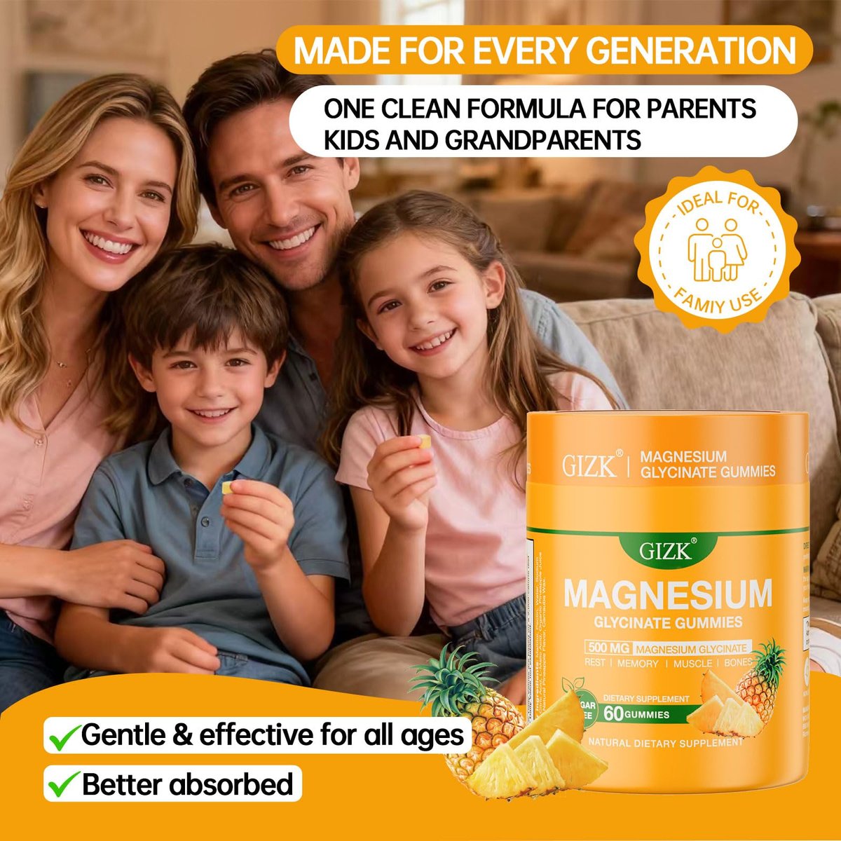 SAYIDON Magnesium Glycinate Gummies 500mg – Zuckerfreie Magnesium Gummibärchen für Schlaf, Stress, Muskeln & Nerven – für Erwachsene & Kinder ab 4 Jahren, vegan, ohne Melatonin (Ananasgeschmack, 60 Stück)