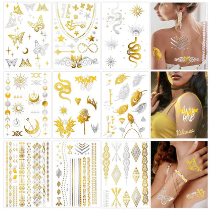 Konsait 9 Blatt Metallic Temporäre Tattoos für Frauen & Mädchen – Gold & Silber Schmetterlinge, Monde, Schlangen, Federn & Geometrische Formen Tattoo-Aufkleber für Make-up, Cosplay, Festivals, Gesichts- & Körperkunst