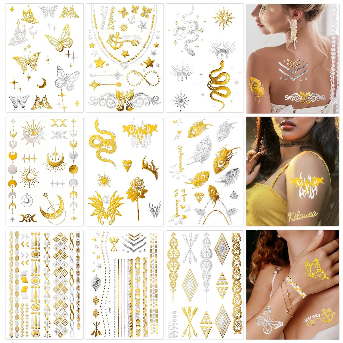 Konsait 9 Blatt Metallic Temporäre Tattoos für Frauen & Mädchen – Gold & Silber Schmetterlinge, Monde, Schlangen, Federn & Geometrische Formen Tattoo-Aufkleber für Make-up, Cosplay, Festivals, Gesichts- & Körperkunst