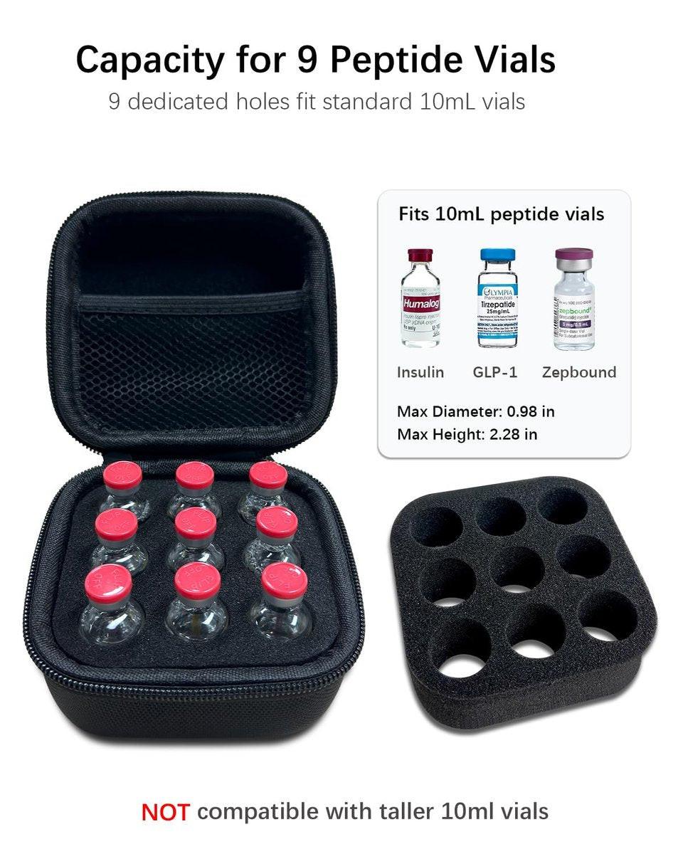 Cruxer Insulin Vial Halter für den Kühlschrank, Peptid-Fläschchenschutzhülle, passend für Standard 10 ml U-100 Medikamentenfläschchen, Insulin & GLP-1 Organizer, 9 Fächer, Schwarz (ohne Kühlakku)