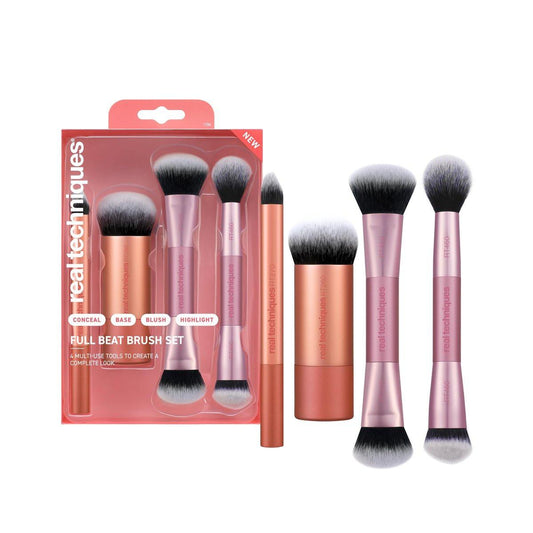 Real Techniques Full Beat Makeup Brush Set – 4-teiliges Pinselset für Foundation, Concealer, Rouge, Contour, Highlighter & Puder – Reiseset mit weichen UltraPlush-Borsten, tierversuchsfrei