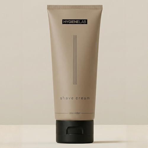 HygieneLab Rasiercreme, Yuka Bewertung 100/100 – Duftfrei, Ungiftige Formel mit Aloe Vera & Sheabutter, Feuchtigkeitsspendend für empfindliche Haut, Reduziert Rasurbrand (200 ml)