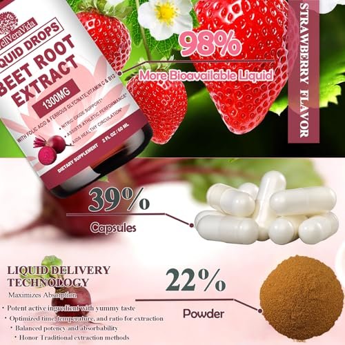 Bio Rote-Bete-Extrakt-Tropfen mit Eisen, Folsäure, Vitamin B12 & C – zur Steigerung der Stickstoffmonoxidproduktion und Unterstützung eines gesunden Blutdrucks – flüssige Alternative zu Kapseln oder Pulver – zuckerfrei, 60 ml