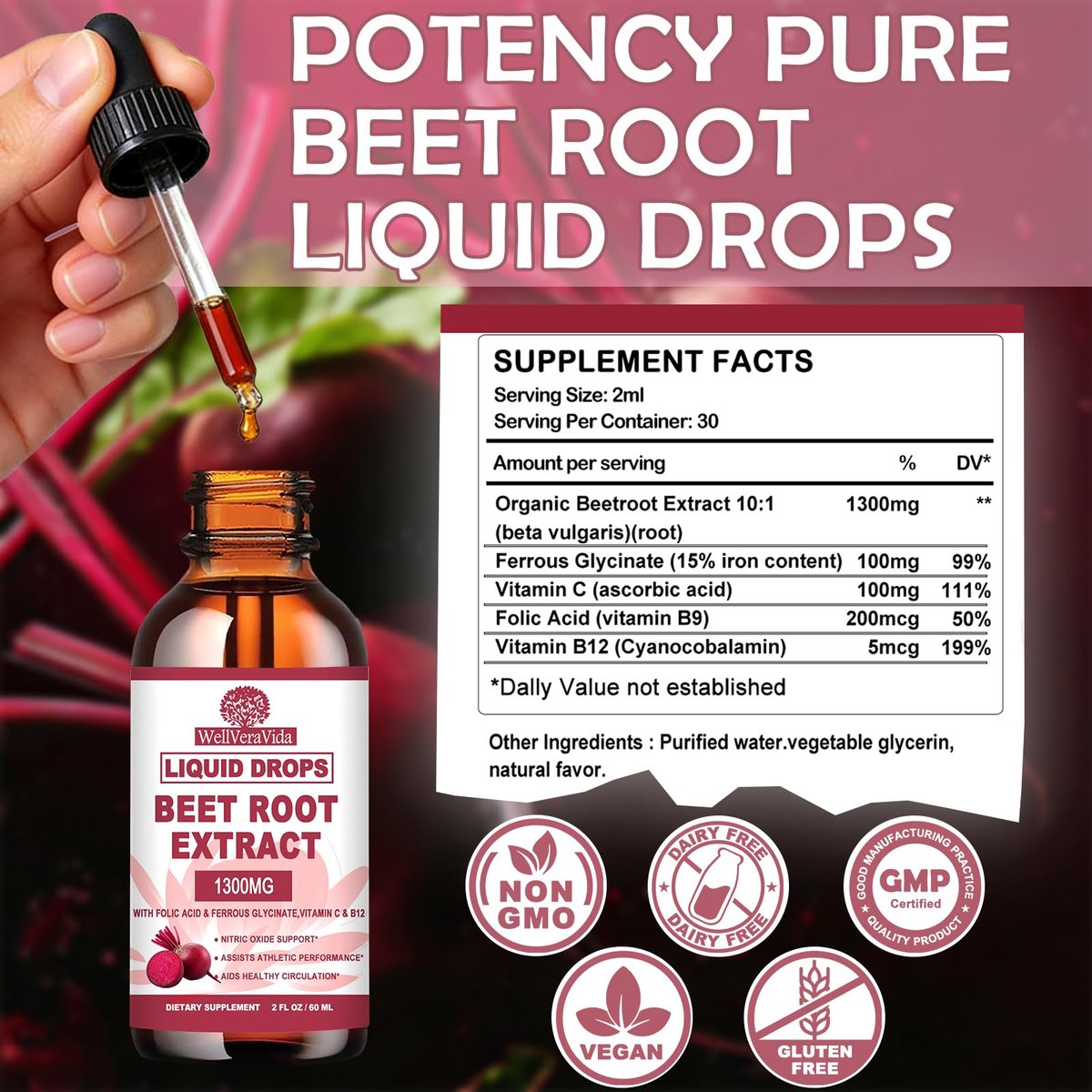 Bio Rote-Bete-Extrakt-Tropfen mit Eisen, Folsäure, Vitamin B12 & C – zur Steigerung der Stickstoffmonoxidproduktion und Unterstützung eines gesunden Blutdrucks – flüssige Alternative zu Kapseln oder Pulver – zuckerfrei, 60 ml