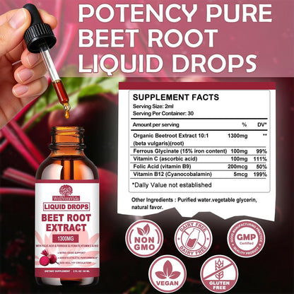 Bio Rote-Bete-Extrakt-Tropfen mit Eisen, Folsäure, Vitamin B12 & C – zur Steigerung der Stickstoffmonoxidproduktion und Unterstützung eines gesunden Blutdrucks – flüssige Alternative zu Kapseln oder Pulver – zuckerfrei, 60 ml