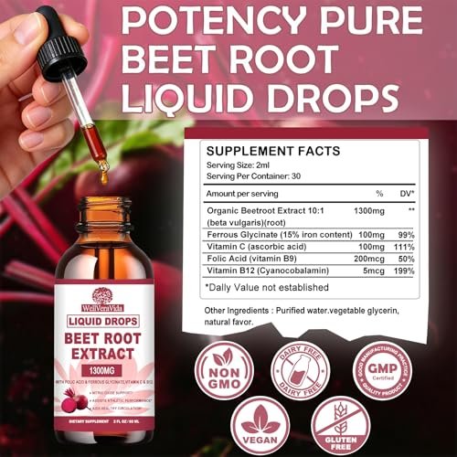 Bio Rote-Bete-Extrakt-Tropfen mit Eisen, Folsäure, Vitamin B12 & C – zur Steigerung der Stickstoffmonoxidproduktion und Unterstützung eines gesunden Blutdrucks – flüssige Alternative zu Kapseln oder Pulver – zuckerfrei, 60 ml