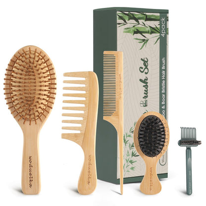 Bambus Haarbürsten Set – Muttertagsgeschenk, Bambuskamm Set für Haarwachstum, Paddle Entwirrbürste, grobzinkiger & Rattenschwanzkamm, Mini Wildschweinborsten Reisebürste, Bürstenreiniger inklusive
