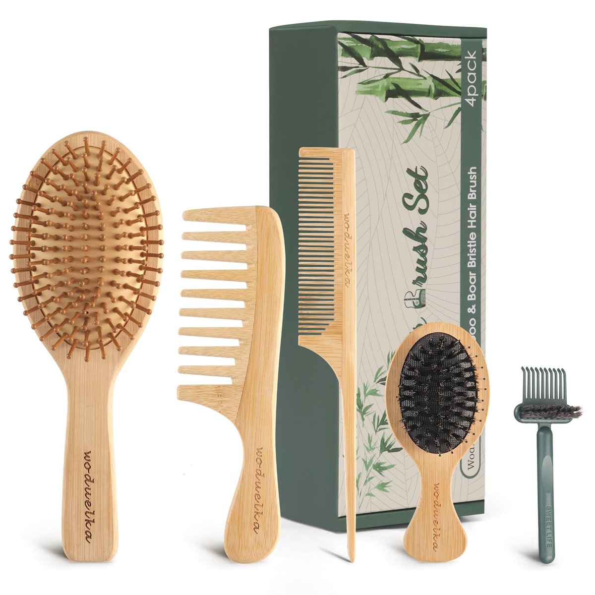 Bambus Haarbürsten Set – Muttertagsgeschenk, Bambuskamm Set für Haarwachstum, Paddle Entwirrbürste, grobzinkiger & Rattenschwanzkamm, Mini Wildschweinborsten Reisebürste, Bürstenreiniger inklusive