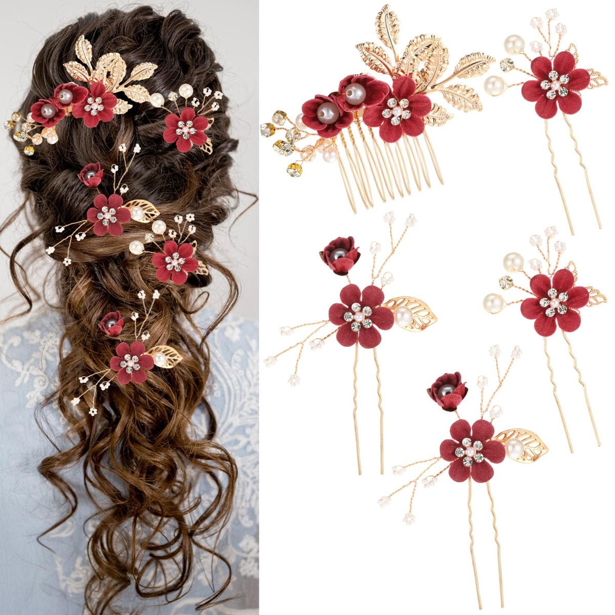 5 Stück Braut Blumen Hochzeitshaarnadeln Kristall Perle Rhinestone Burgunder Blüten Haarspangen Kopfschmuck Brautaccessoires Schmuck für Braut Brautjungfern Frauen Mädchen