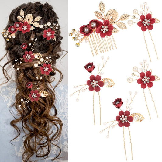 5 Stück Braut Blumen Hochzeitshaarnadeln Kristall Perle Rhinestone Burgunder Blüten Haarspangen Kopfschmuck Brautaccessoires Schmuck für Braut Brautjungfern Frauen Mädchen