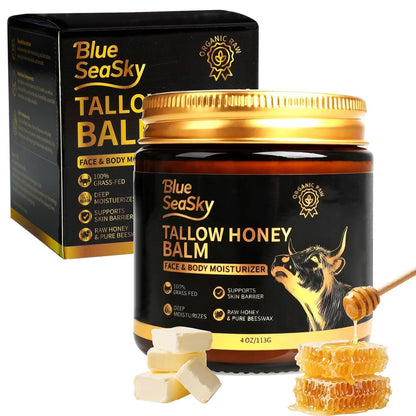 Geschlagener Rindertalg für die Haut – Grasgefütterter Talgbalsam mit Rohhonig, unparfümierte Gesichts- & Körperfeuchtigkeitscreme für trockene, empfindliche Haut, Linderung bei Ekzemen & Rosacea, nicht komedogen, schnell einziehend (118 ml)