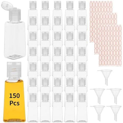 150 Stück 1 Unze Reiseflaschen, Klare Nachfüllbare Behälter mit Klappdeckeln, Inklusive 5 Plastiktrichter & 3 Etikettenaufkleber, Tragbare Leere Kosmetikflaschen für Shampoo, Duschgel, Gesichtscreme, Toilettenartikel