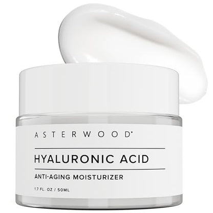 Asterwood Hyaluronsäure Feuchtigkeitscreme für das Gesicht - Feuchtigkeitsspendend, Leicht, Anti-Aging - Duftfrei, Tierversuchsfrei - Für alle Hauttypen - 1,7 Fl Oz