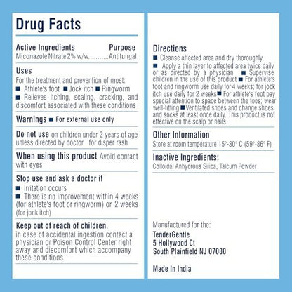 TenderGentle Miconazol Antipilzpuder, 85g - Gegen Juckreiz, Ringelflechte und Fußpilz - Lindert Beschwerden, Schuppung, Rissbildung und Juckreiz