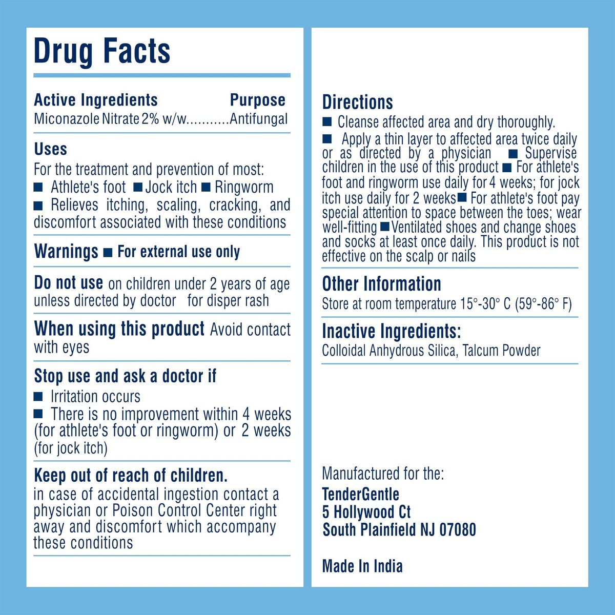 TenderGentle Miconazol Antipilzpuder, 85g - Gegen Juckreiz, Ringelflechte und Fußpilz - Lindert Beschwerden, Schuppung, Rissbildung und Juckreiz