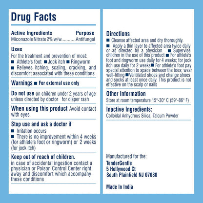 TenderGentle Miconazol Antipilzpuder, 85g - Gegen Juckreiz, Ringelflechte und Fußpilz - Lindert Beschwerden, Schuppung, Rissbildung und Juckreiz