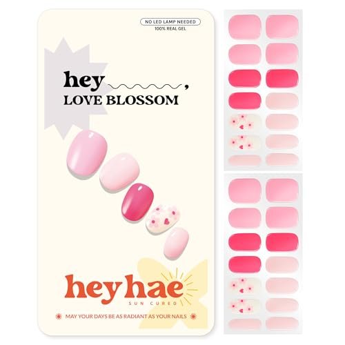 Heyhae Semi Cured Gel Nail Strips „Hey, Love Blossom“ – Pink, Valentines – Keine LED-Lampe nötig, einfaches Auftragen & Entfernen, Salonqualität – 28 Strips, 1 Vorbereitungspad, Nagelfeile & Holzstab