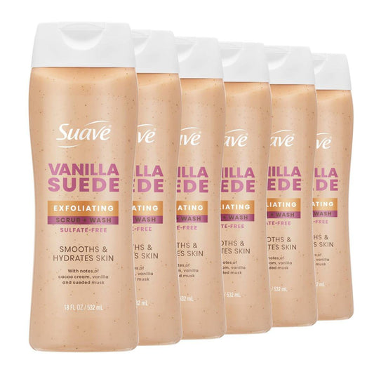 Suave Vanilla Suede Peeling-Duschgel & Körperpeeling mit Glycerin & Vitamin E – Sulfatfreier, feuchtigkeitsspendender Reiniger für weiche, geschmeidige Haut, 6er-Pack, 18 Fl Oz