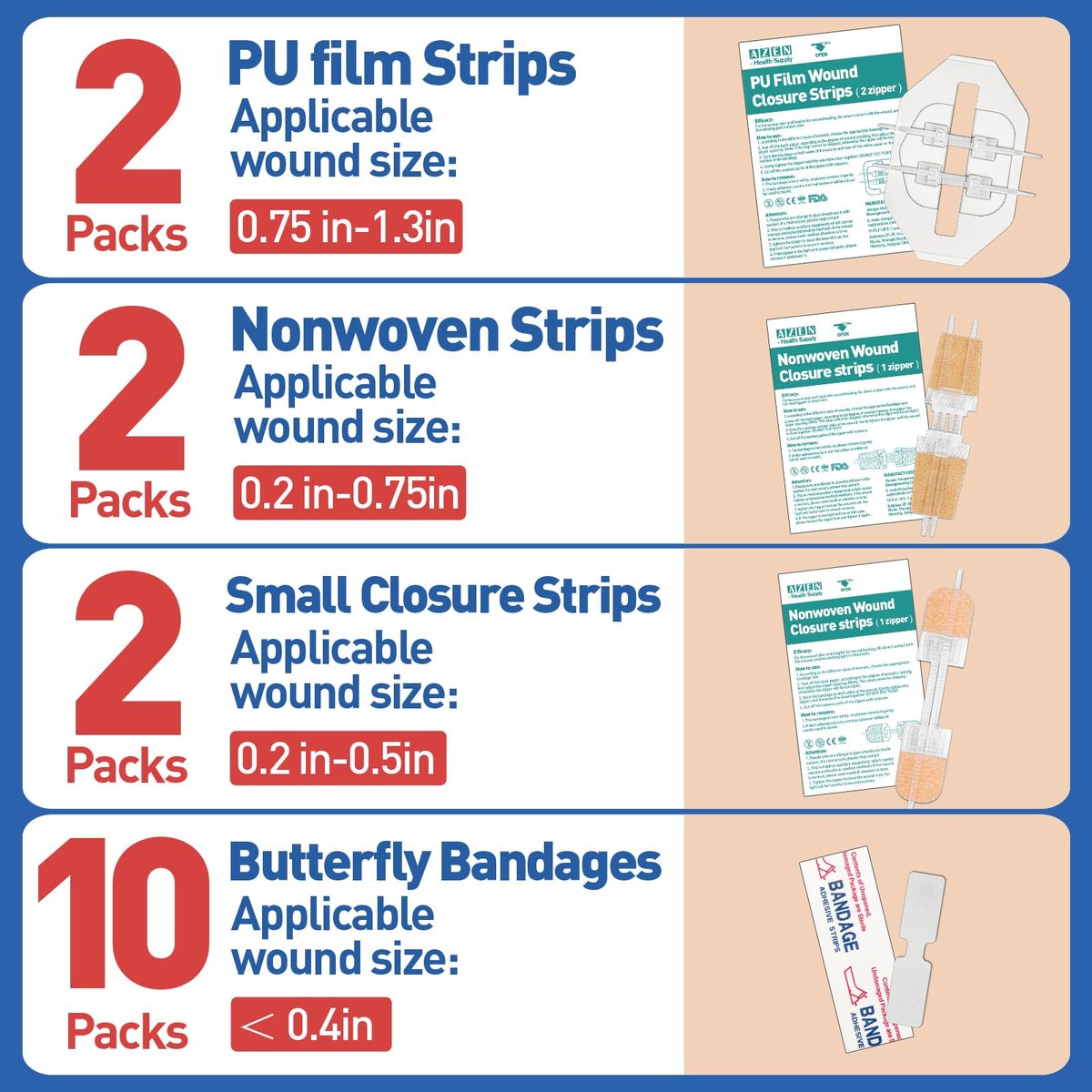 AZEN 16-teiliges Wundverschlussset, 4 Arten von Butterfly-Bandagen, Notfall-Wundverschlusskit, Wundversorgung ohne Nähte, Schnellverschluss-Wundklammern