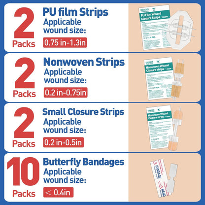 AZEN 16-teiliges Wundverschlussset, 4 Arten von Butterfly-Bandagen, Notfall-Wundverschlusskit, Wundversorgung ohne Nähte, Schnellverschluss-Wundklammern