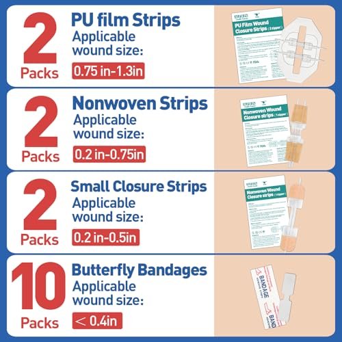 AZEN 16-teiliges Wundverschlussset, 4 Arten von Butterfly-Bandagen, Notfall-Wundverschlusskit, Wundversorgung ohne Nähte, Schnellverschluss-Wundklammern