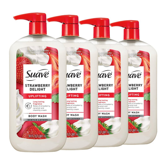 Suave Strawberry Delight Belebendes Duschgel – mit Glycerin und Vitamin E für Feuchtigkeit und sanfte Reinigung, 30 FL OZ Pumpe, 4er-Pack