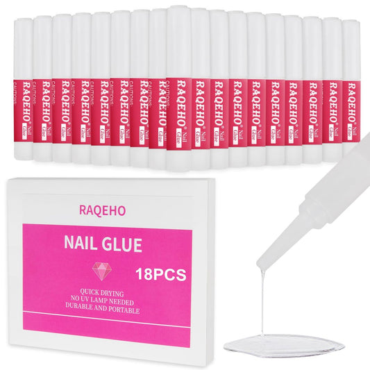 RAQEHO Nagelkleber für Press-On-Nägel - 18 Stück superstarker Nagelkleber für Acrylnägel, schnell trocknend, Kleber für künstliche Nägel, French Tips, Zehennägel, repariert gebrochene Nägel