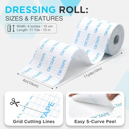 OK TAPE Sanftes chirurgisches Klebeband für empfindliche Haut, atmungsaktives medizinisches Tape für Wundverbände und postoperative Versorgung, sicherer Halt zur Fixierung von Mullbinden, latexfrei, 4" x 11 Yards