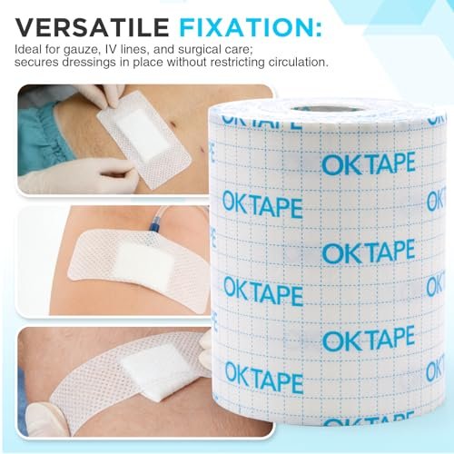 OK TAPE Sanftes chirurgisches Klebeband für empfindliche Haut, atmungsaktives medizinisches Tape für Wundverbände und postoperative Versorgung, sicherer Halt zur Fixierung von Mullbinden, latexfrei, 4" x 11 Yards