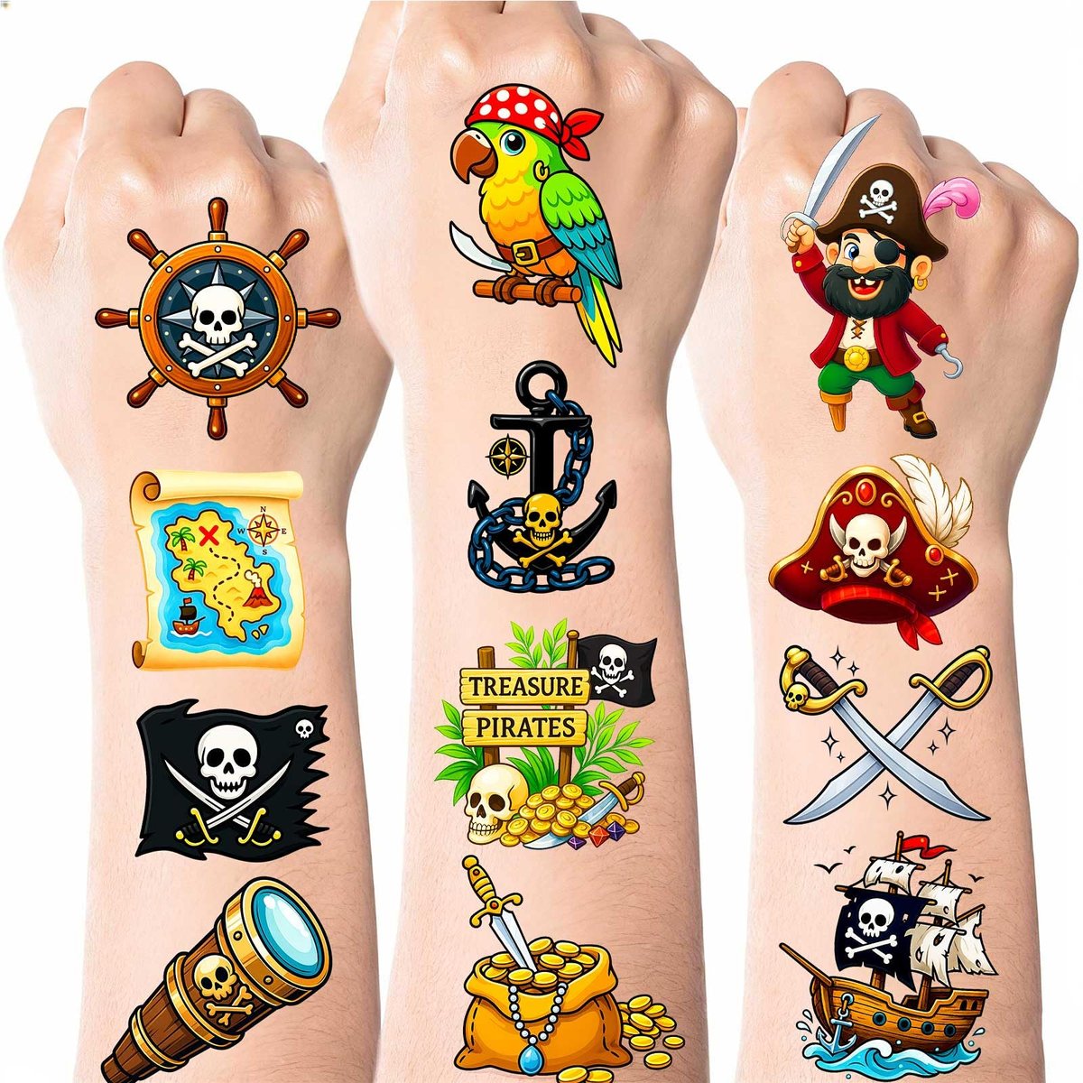 Ozepao 100 Piraten-Tattoos für Kinder – 2'' x 2'' einzeln verpackte temporäre Tattoos, Piratenschiff Nautisches Thema, Geburtstagsdekoration, Partygeschenke