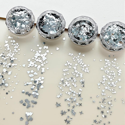 4 Gläser Silber Glitzer für Nageldesign – Funkelnde Nagelflocken, runde Stern- und Herzsequins für Bastelarbeiten, Nageldekoration