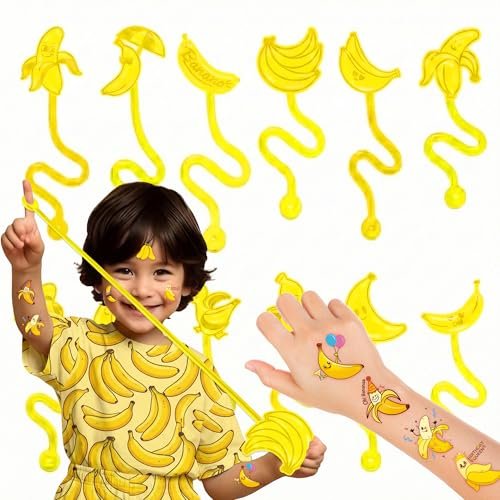 48-teiliges Bananen-Party-Set: 24 temporäre Tattoos & 24 Klebehände – Perfekte Geburtstagsparty-Zubehör, Goodie-Bag-Füller, Schatzkisten-Spielzeug, Klassenpreise und Geschenke für Schüler