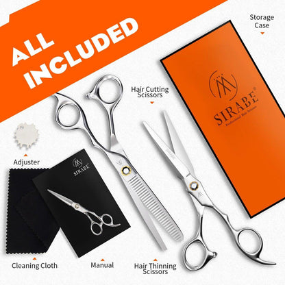 Sirabe HIGH-END Barber Profi Haarschere Set – 6-teiliges Friseur-Set mit ultra-scharfen Klingen für präzise Schnitte – Haarschneideschere und Effilierschere für Salon und Zuhause